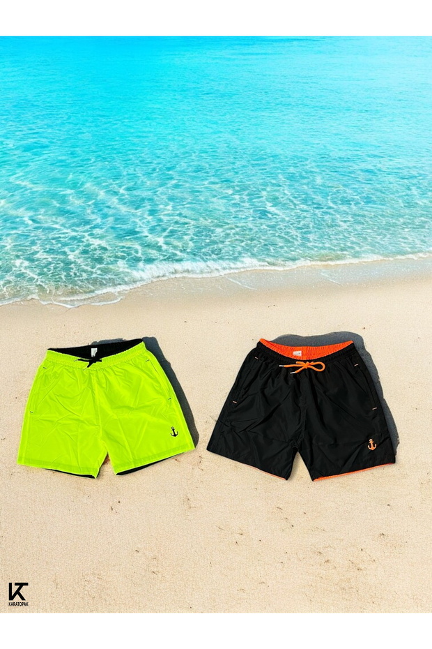 2 Pieces of Swim Shorts - 2 Pockets, Mesh Inside, Elastic Waist and Lacing Cord
