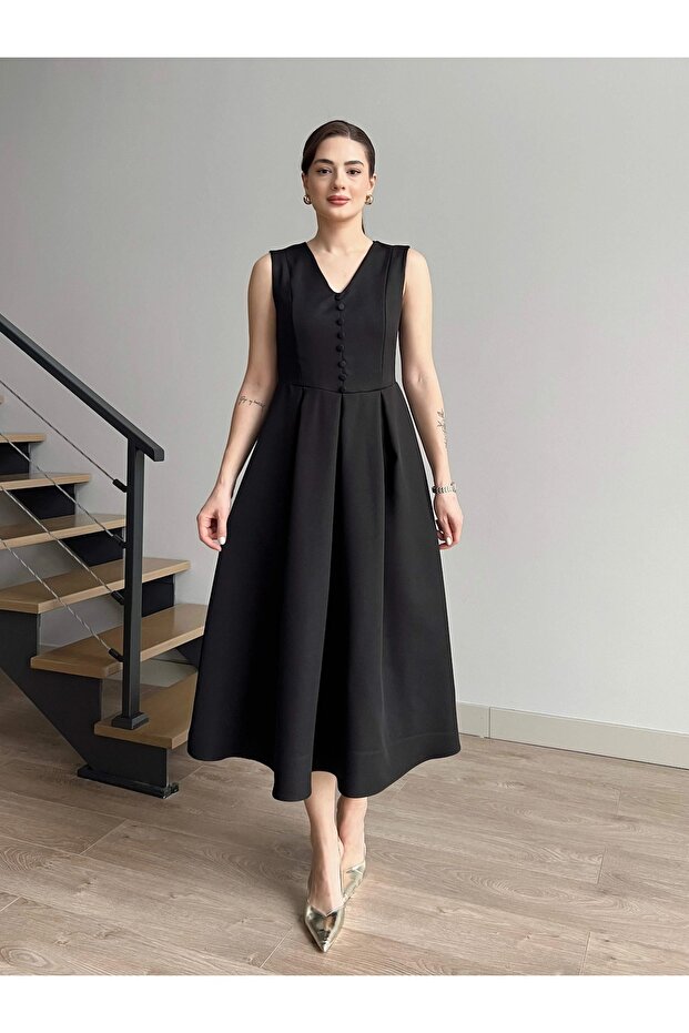 Women's Black V Neck Button Detail Midi Dress