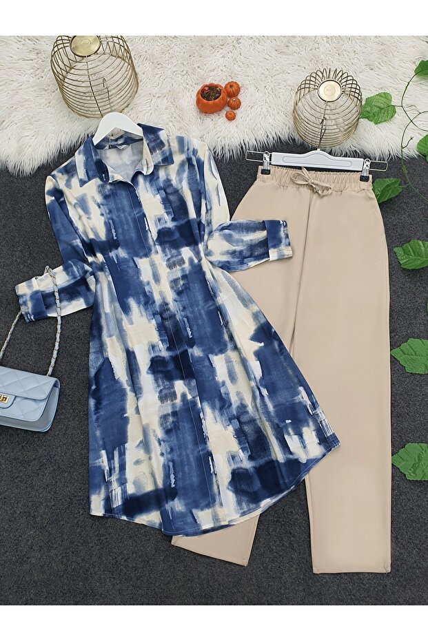 تونيك فيسكوز منقوش بأزرار باللون الأزرق الجليدي - 1