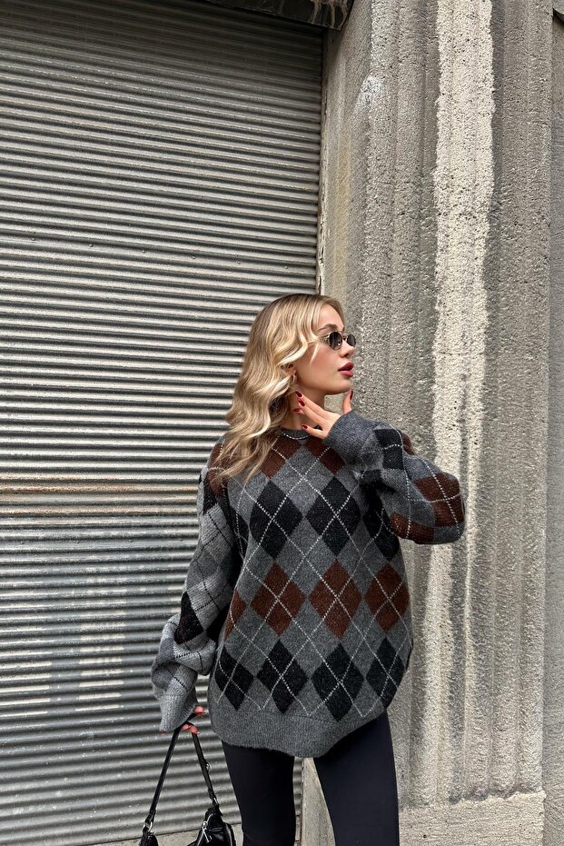 Baklava Desen Oversize Kazak Antrasit - 3