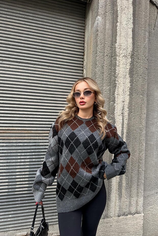 Baklava Desen Oversize Kazak Antrasit - 5