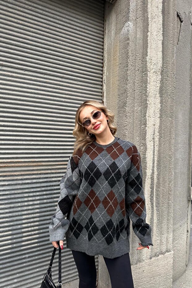 Baklava Desen Oversize Kazak Antrasit - 2