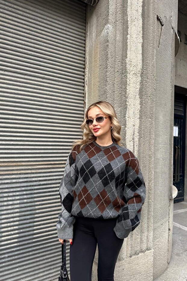 Baklava Desen Oversize Kazak Antrasit - 1