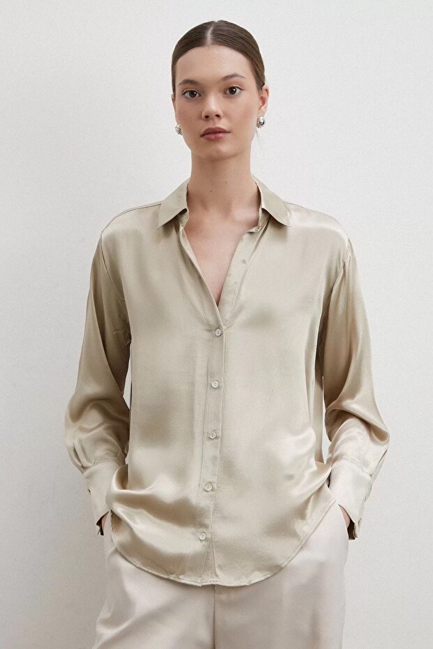 Basic Saten Gömlek Bej - 1