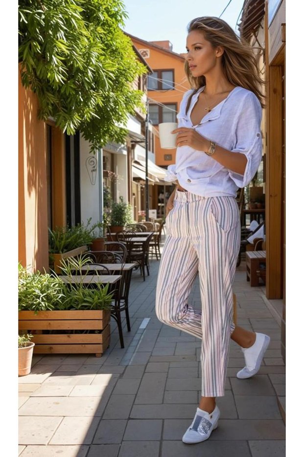 Women's Powder Slim Fit Linen Vertical Striped Carrot Trousers with Pockets Powder 700-3394275