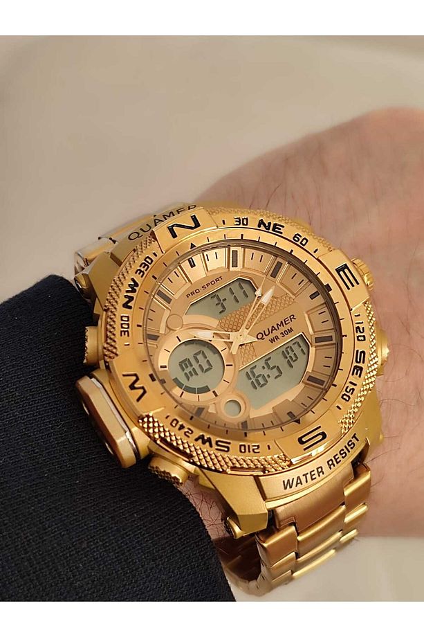 Erkek Kol Saati Analog ve Digital Metal Sarı Kordonlu 2177 - 3