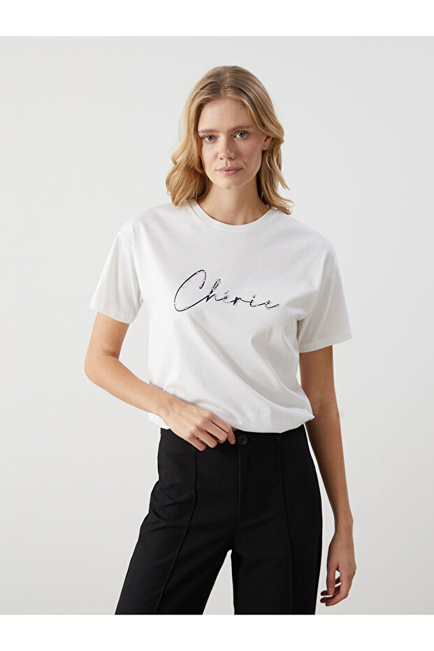 Lcw Vision Ecru Crew Neck Stone Women's T-Shirt