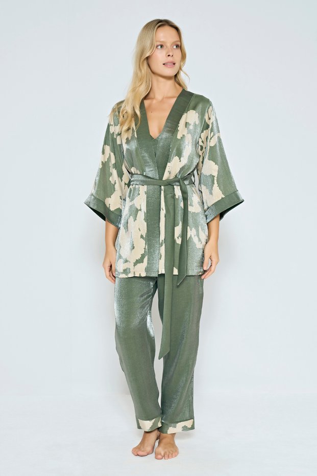 Women's Green Patterned 3-Piece Pajama Set