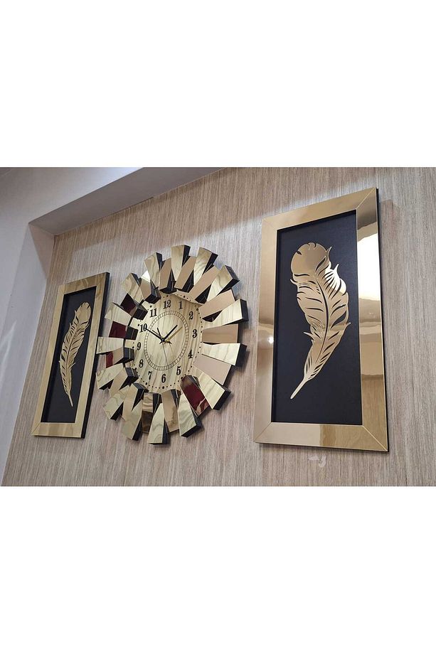 3lü Duvar Saati TÜRK Rakam 3 Boyutlu Piyano Model Aynalı Gold Tüy Tablo - 1