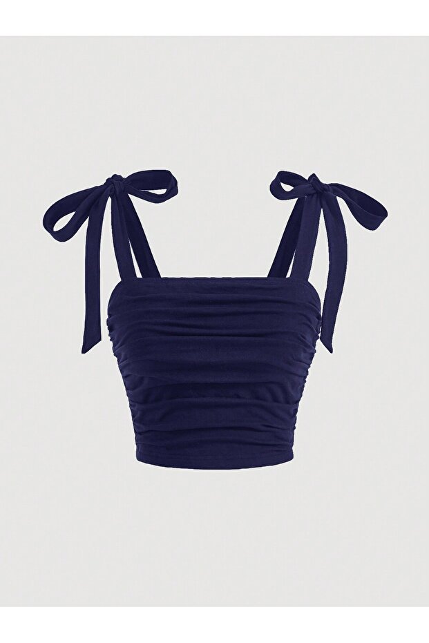 Navy Blue Bowknot Summer Lycra Crop Top, Navy Blue Shoulder Tie Bow Strap Blouse Top, Drawstring Crop Top