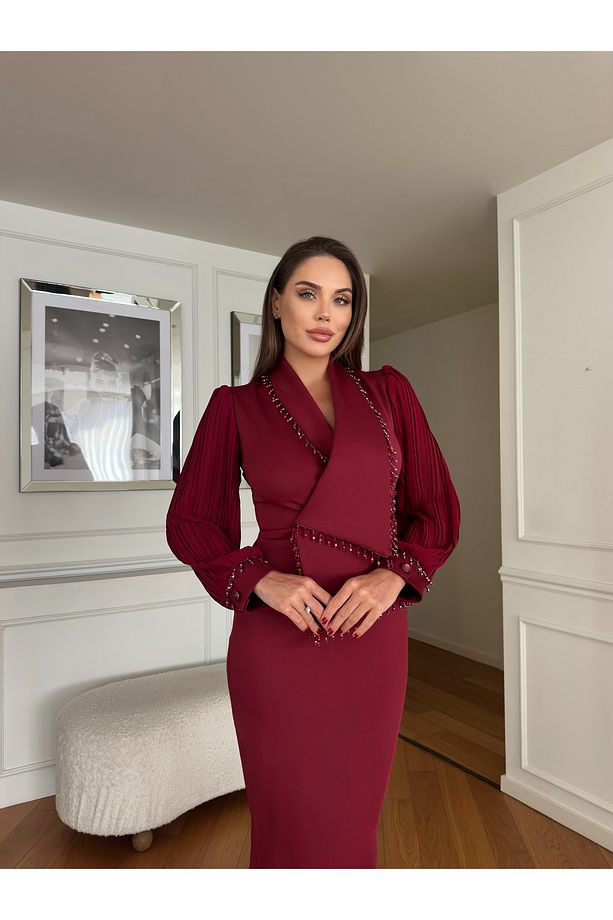 Kadın İthal Kumaş Şık Drape Detaylı Piliseli Kol Tasarımlı Midi Boy Elbise - 2