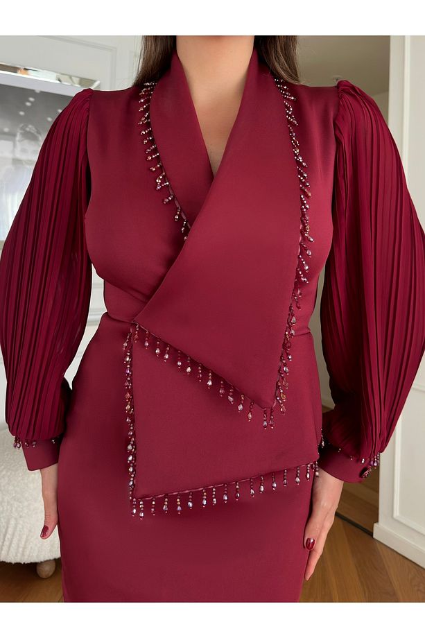 Kadın İthal Kumaş Şık Drape Detaylı Piliseli Kol Tasarımlı Midi Boy Elbise - 8