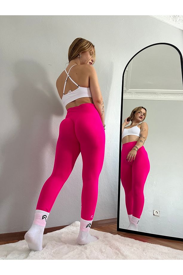 Büzgülü push up neon pembe tayt - 1