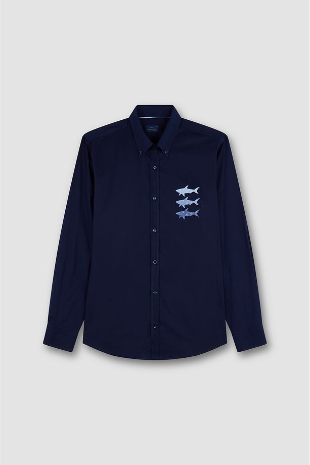 Erkek Regular Fit Göğsü Shark Logolu Pamuklu Uzun Kollu Lacivert Gömlek 25413503-013 - 6