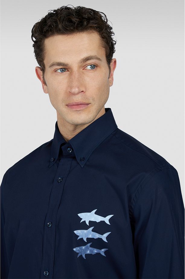 Erkek Regular Fit Göğsü Shark Logolu Pamuklu Uzun Kollu Lacivert Gömlek 25413503-013 - 3