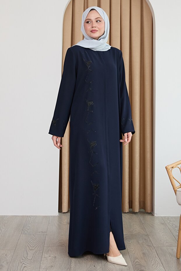 Sequin Patterned Plain Dark Navy Blue Ferace - 3