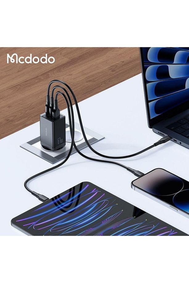 CH-1544 67W GAN 5 PRO 2 TYPE-C 1 USB-A GİRİŞLİ HIZLI ŞARJ ALETİ -TYPE-C TO LIGHTNING KABLOLU SİYAH - 3