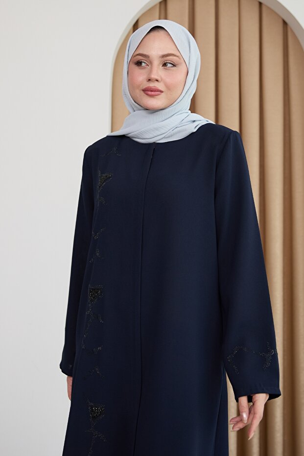 Sequin Patterned Plain Dark Navy Blue Ferace - 2