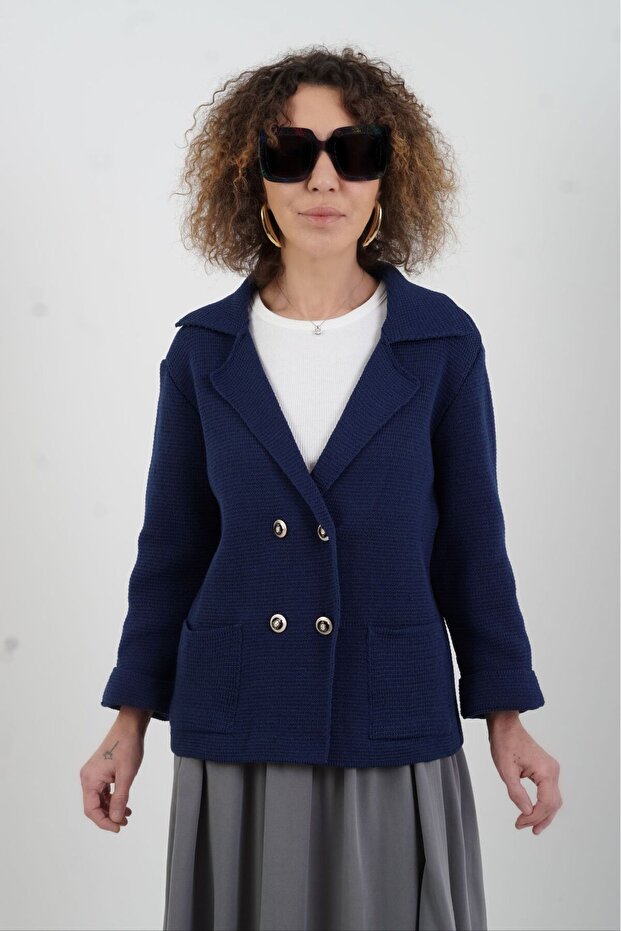 Lacivert Çelik Örme Triko Ceket - 6