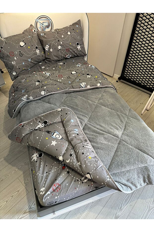 Tek Kişilik Welsoft Pufidik Uyku Seti (Lastikli Çarşaflı) Uzay Füme - 6