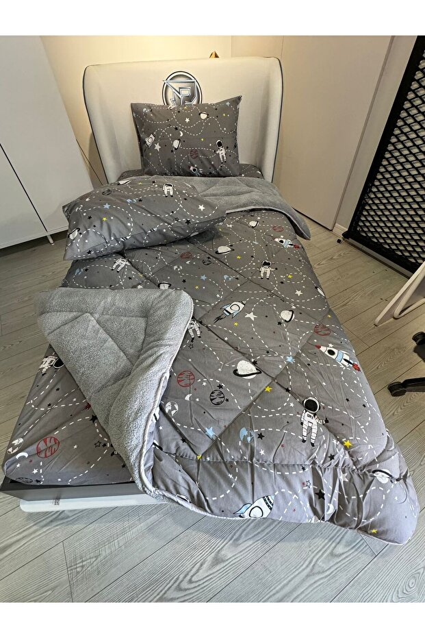 Tek Kişilik Welsoft Pufidik Uyku Seti (Lastikli Çarşaflı) Uzay Füme - 5