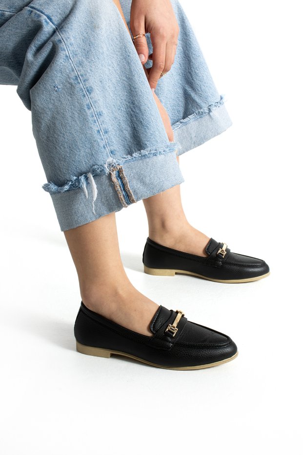 Women's Ballerinas Black Buckle Detailed Stylish Comfortable Lightweight Casual Shoes