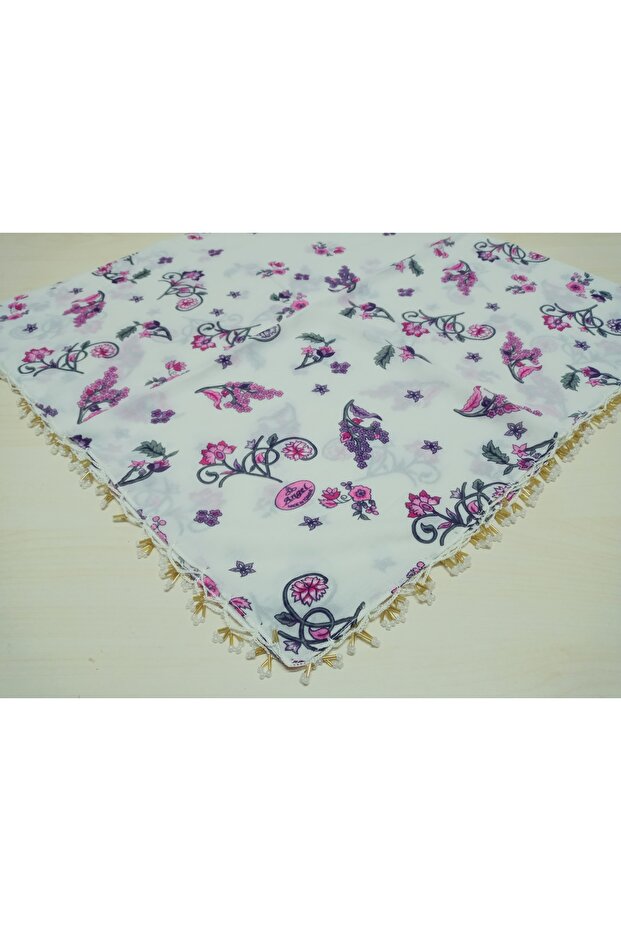 Handmade patterned scarf fabric with hand-crocheted ring beads, yemeni lace, 4-sided lace trim