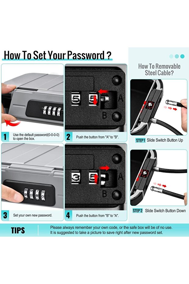 صندوق أمان محمول مزود بمجموعة رموز وحافظة أمان مقاومة للماء مع سلك قابل للإزالة - 3