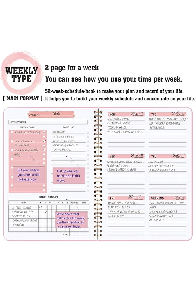 مخطط أسبوعي A5: دفتر قائمة مهام يحتوي على 52 ورقة بدون تاريخ، مخطط يومي مع متتبع أهداف وعادات - 2