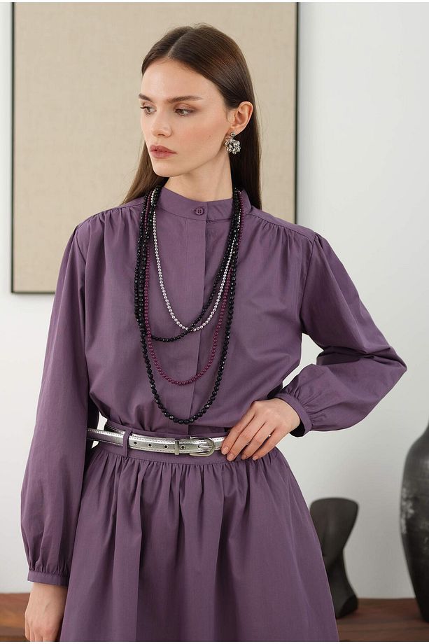 Omzu Büzgülü Poplin Gömlek Retro Violet - 1