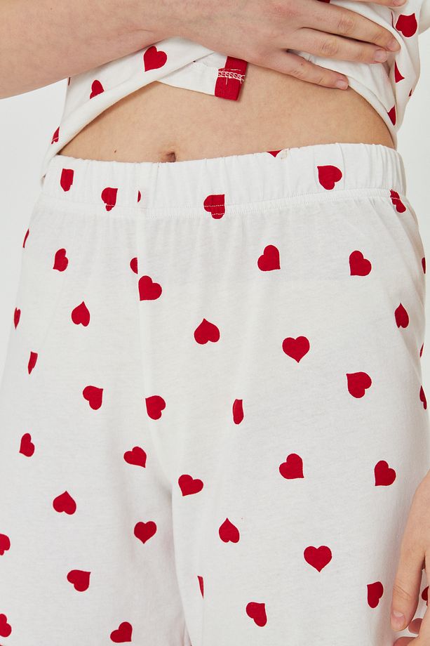 Kadın Kısa Kollu Önü Düğmeli Kalp Desenli Şortlu Pijama Takımı - 7