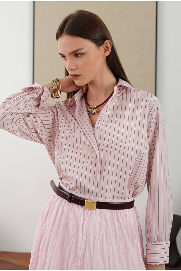 Çizgili Fit Gömlek Pembe - 8