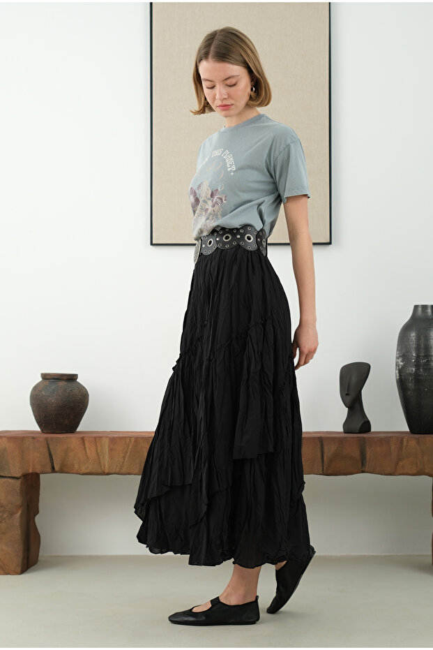 Katlı Bohem Etek Siyah - 2