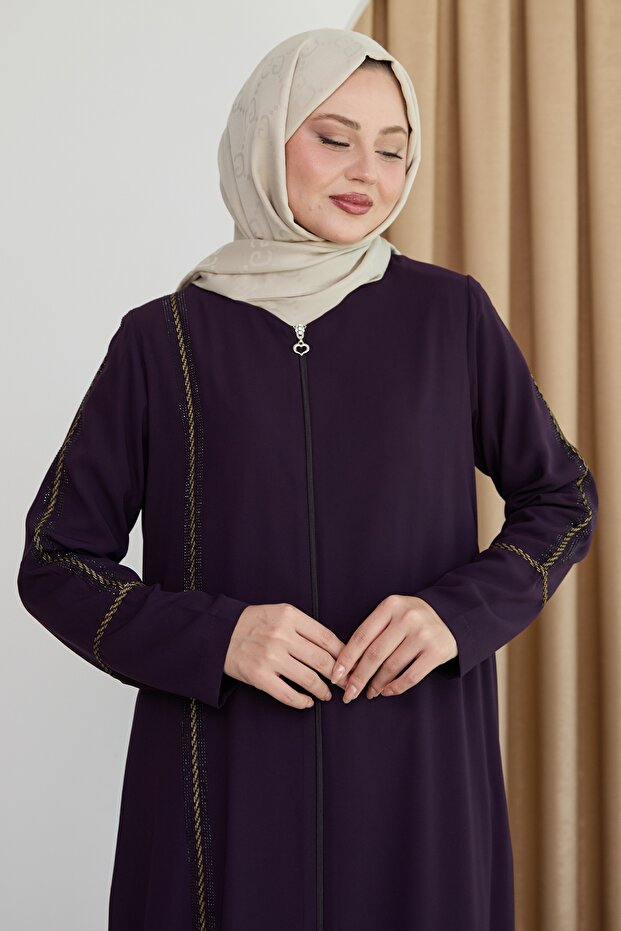 Boydan Renkli Şeritli Mor Ferace - 3