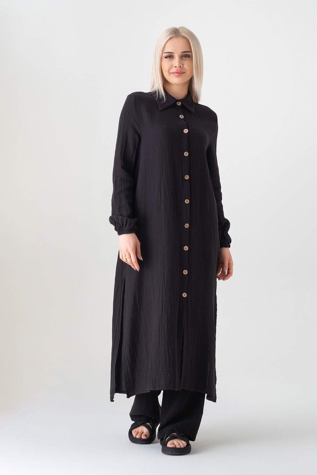Muslin Fabric 100% Natural Cotton Long Narcissus Tunic Hijab - Black