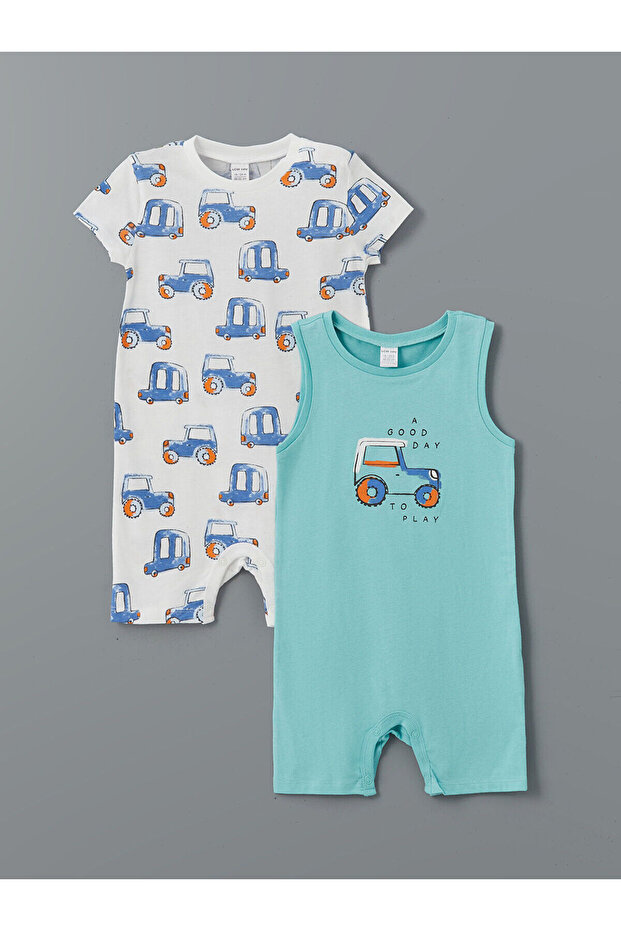 Turquoise Crew Neck Baby Boy Combed Cotton Jumpsuit 2-Piece