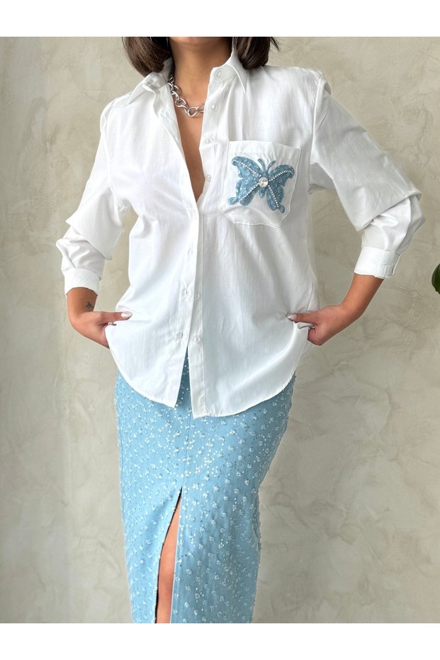 Women's Pocket Detailed Denim Denim and Stone Detailed Shirt