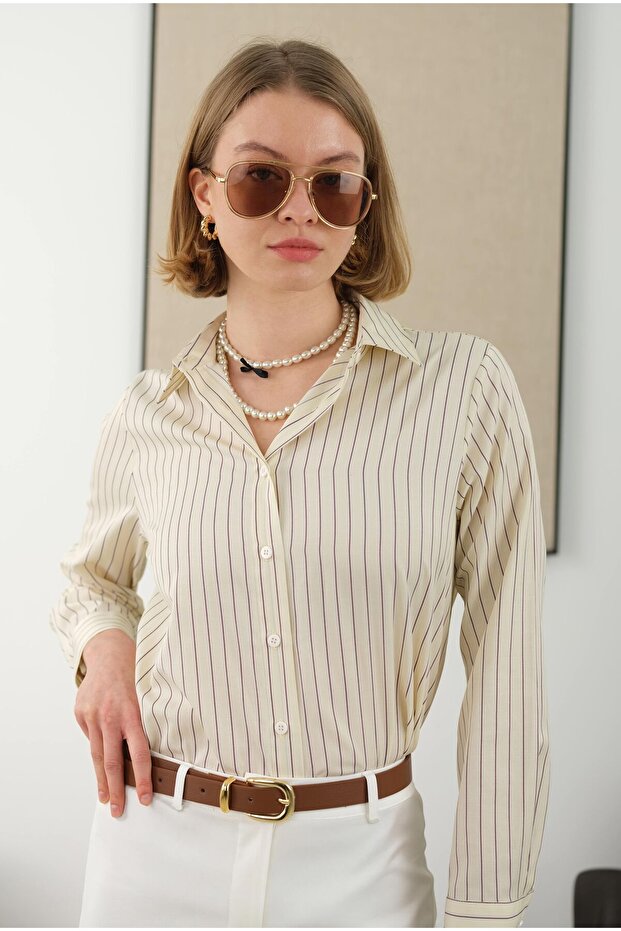 Çizgili Fit Gömlek Soft Sarı - 1