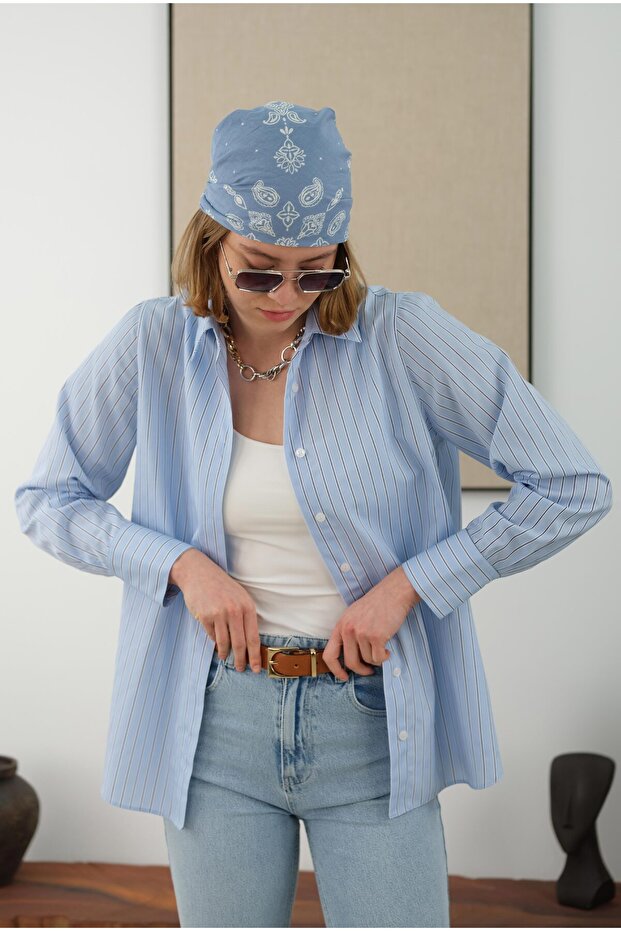 Çizgili Fit Gömlek Mavi - 3