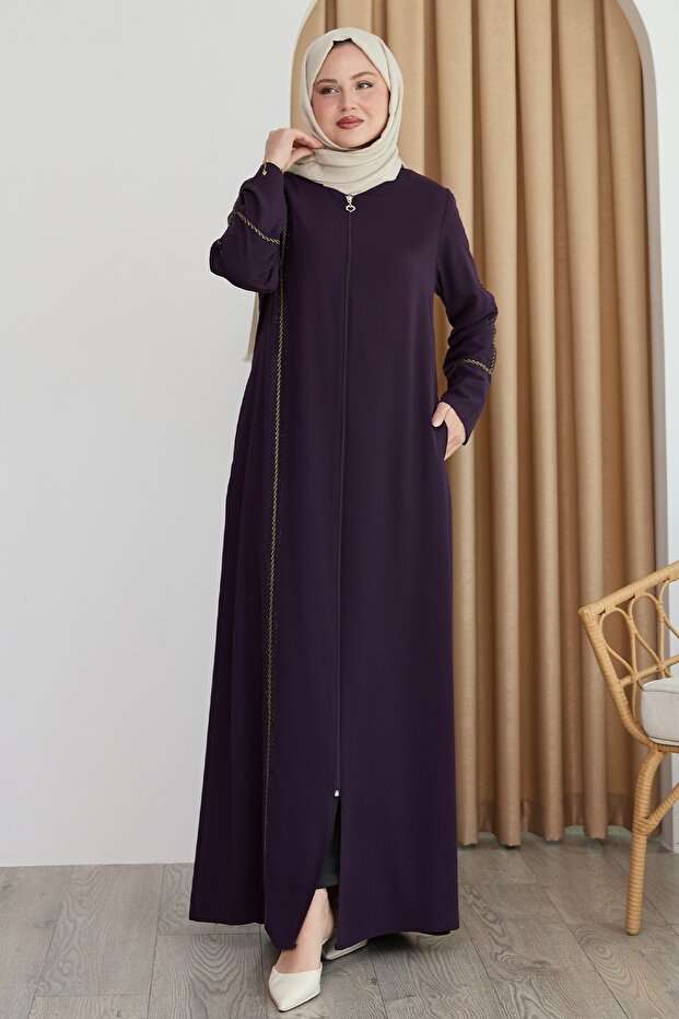 Boydan Renkli Şeritli Mor Ferace - 1