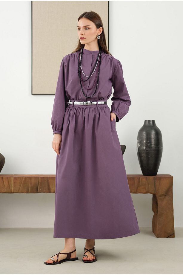 Omzu Büzgülü Poplin Gömlek Retro Violet - 3