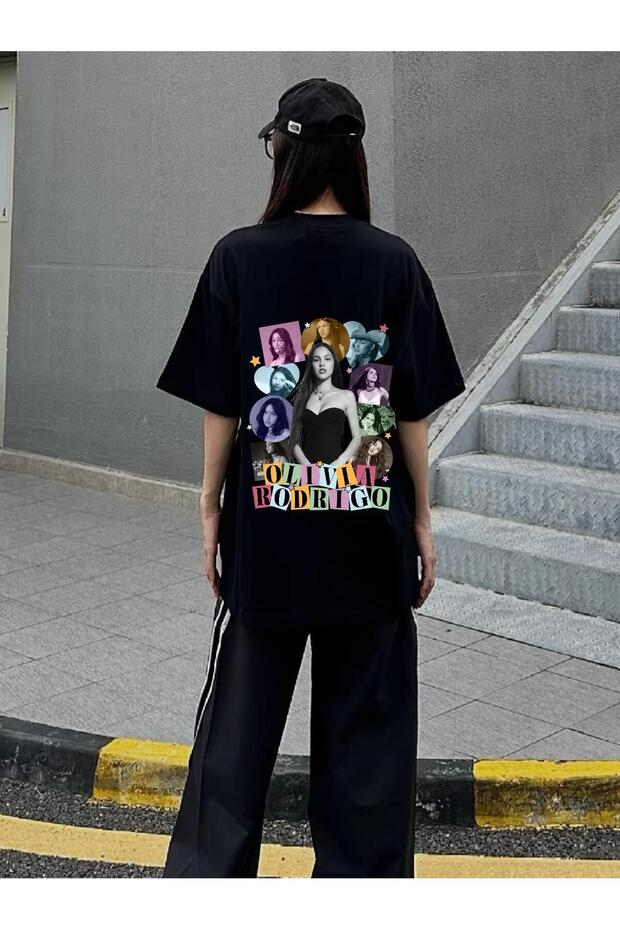 Black Olivia Rodrigo Multiple Photo Collage Front / Back Printed Oversize Tshirt - Mingalondon