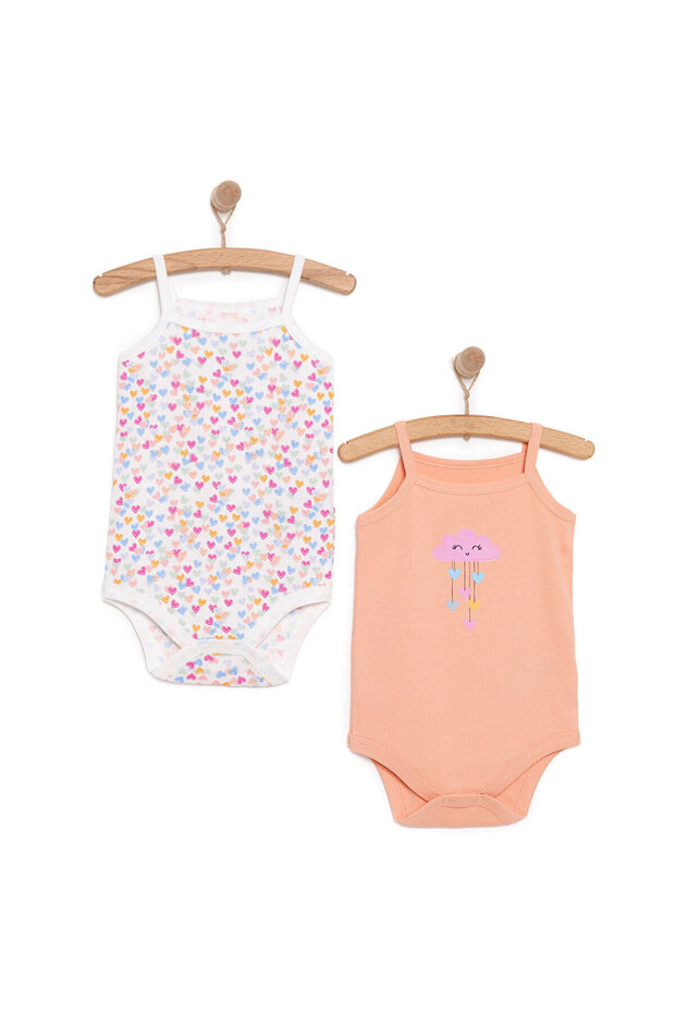 HelloBaby Kalp ve Bulut Desenli 2'li Çıtçıtlı İp Askılı Body Pembe - 1