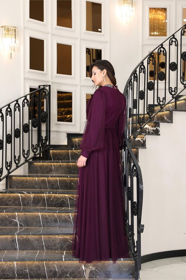 Tül Tesettür Abiye Elbise Mürdüm Dnmfvm210 - 3