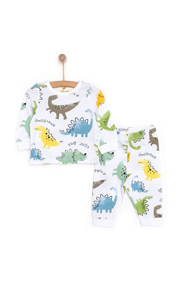 HelloBaby Uzun Kol Sevimli Dinazor Desenli Bisiklet Yaka Pijama Takımı - 1