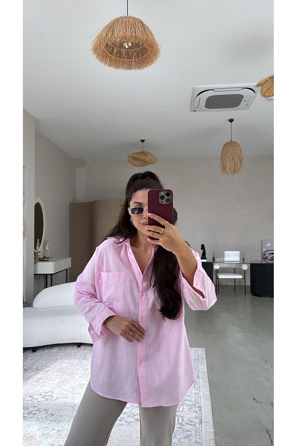 Pembe Tek Cepli Keten Gömlek - 4