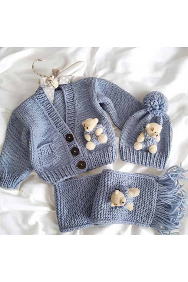 El Örgüsü  Ayıcıklı Bebek Hırkası, Atkı,Bere Set - 1