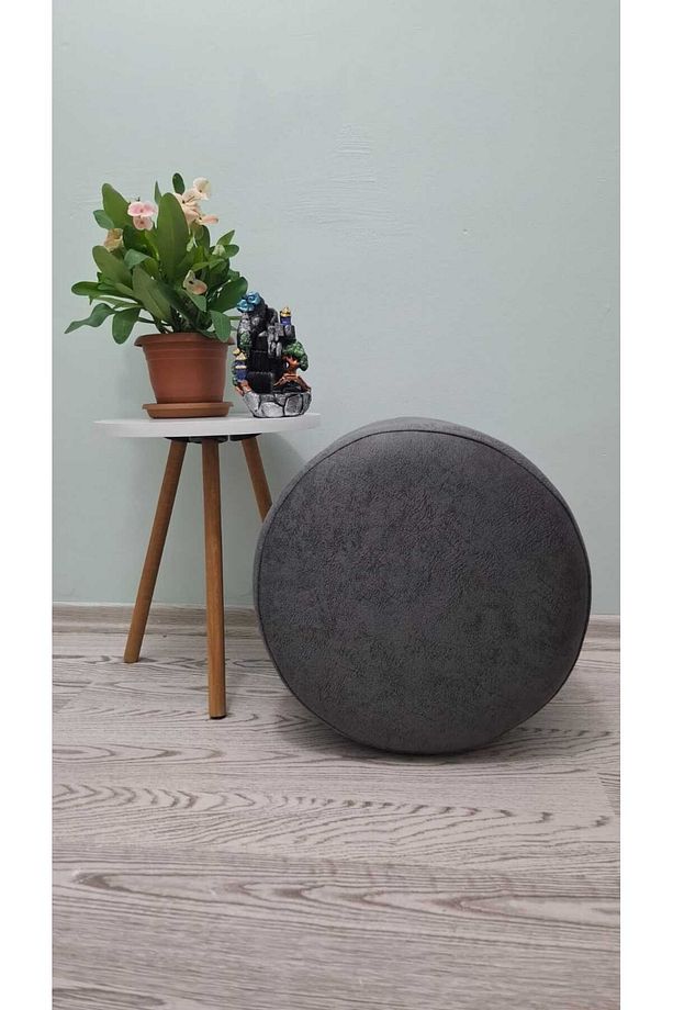 Ahşap Ayaklı Yuvarlak Nubuk Kumaş Puf&bench Koltuk/tabure - 3
