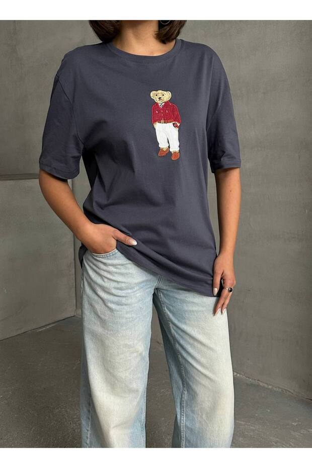 Ayıcık Nakışlı Kadın Oversize Tshirt - 1