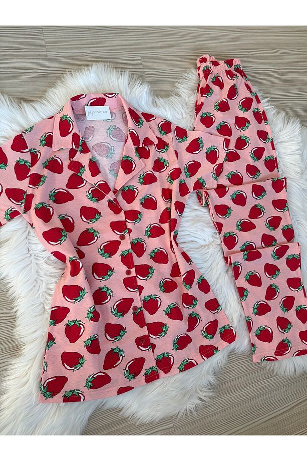 Pembe Çilek  Desenli Pamuklu Kısa Kol Gömlek Yaka Pijama Takımı - 6